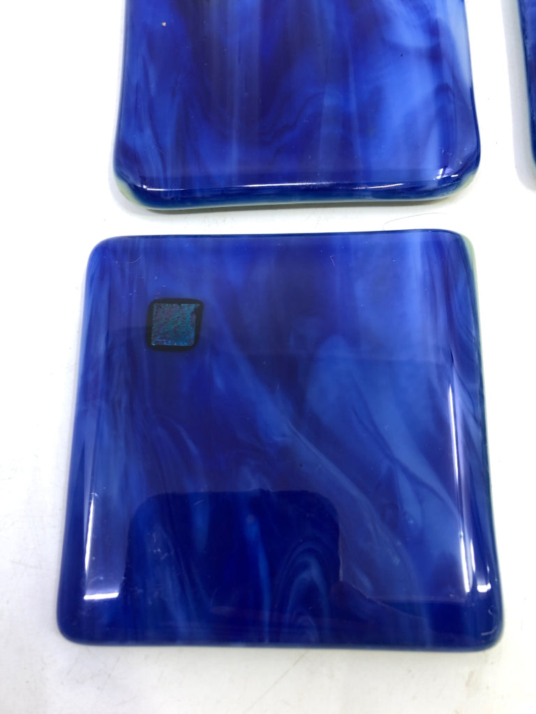 4 COBALT BLUE BLOWN GLASS SQUARE COASTERS.