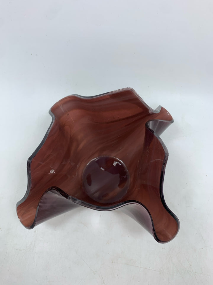 PURPLE FOLDED GLASS VOTIVE HOLDER.