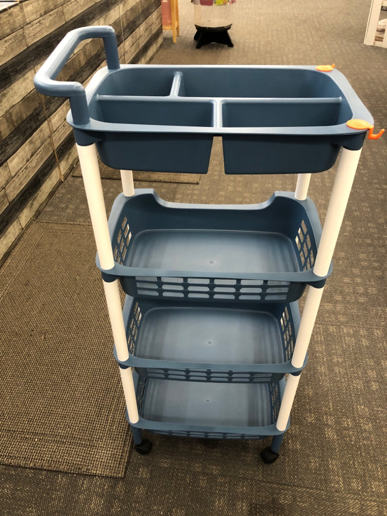BLUE MULTI-TIER PLASTIC ROLLING CART W/ORANGE HOOKS.