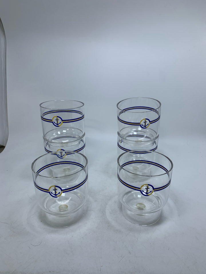 6 VTG MELAMINE CUPS W/ BLUE/YELLOW ANCHOR GUZZINI.