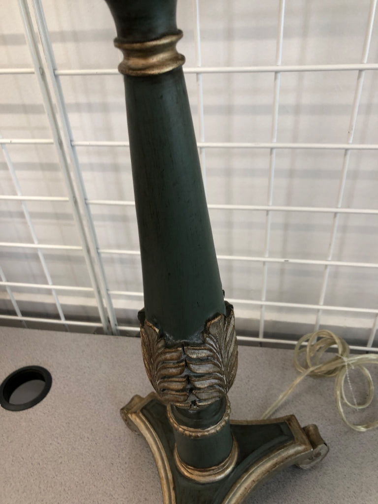 TEAL LAMP W/CARVED LEAF ACCENTS.