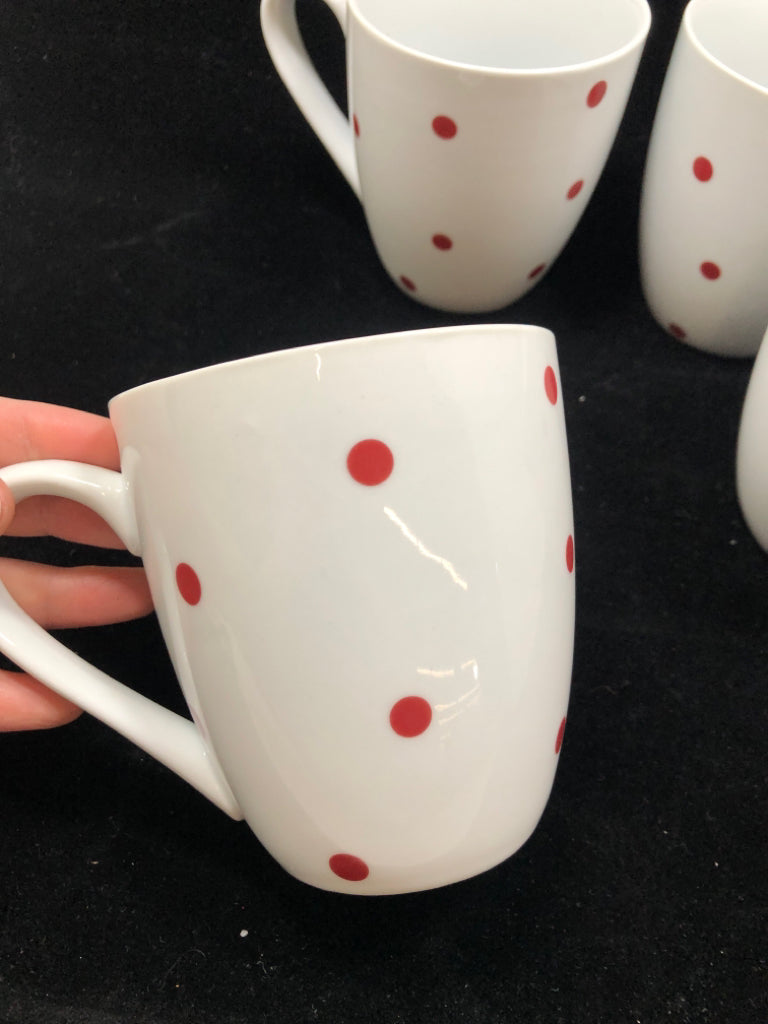 4 WHITE W/ RED POLKA DOT MUGS.