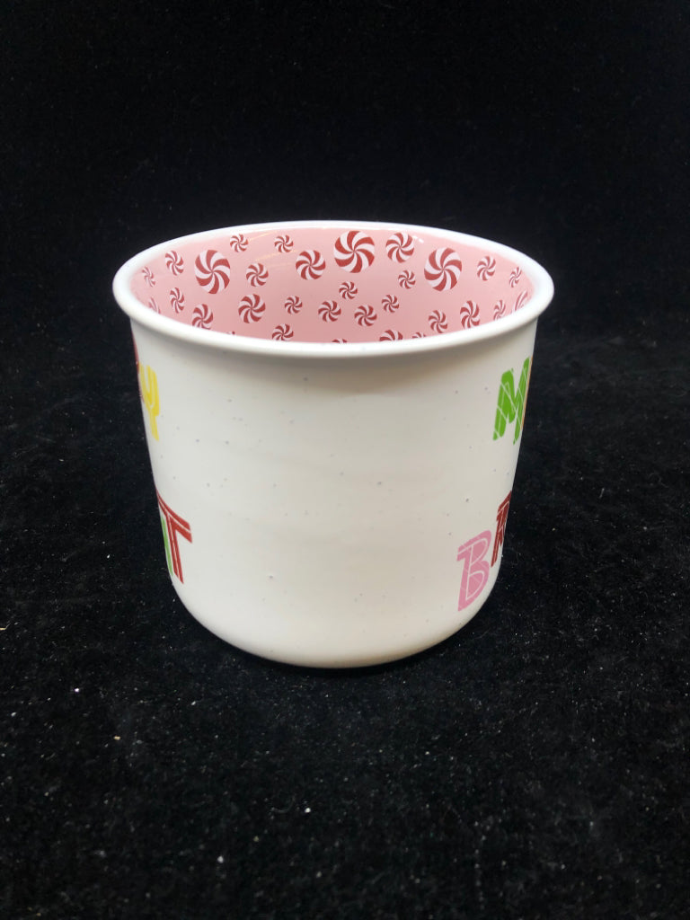 MERRY & BRIGHT MUG W/ CIRCLE PEPPERMINT CANDIES INSIDE.