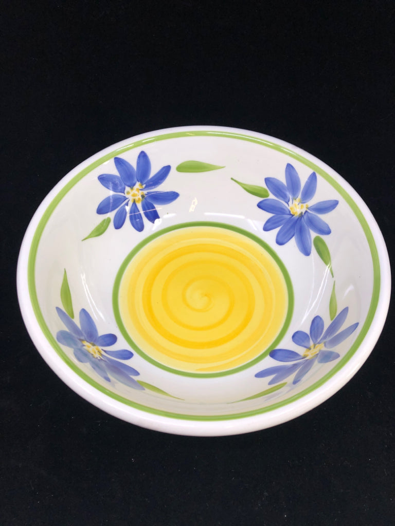 WHITE CERAMIC CENTERPIECE BOWL W/BLUE FLOWERS+GREEN&YELLOW DESIGN.