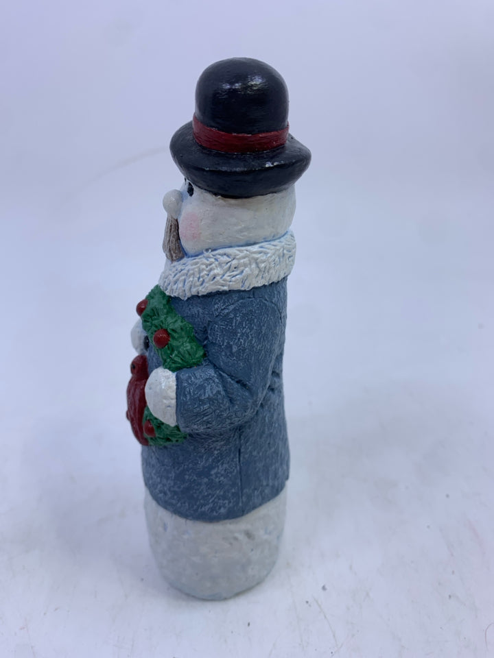 SNOWMAN BLUE COAT HOLDING WREATH.