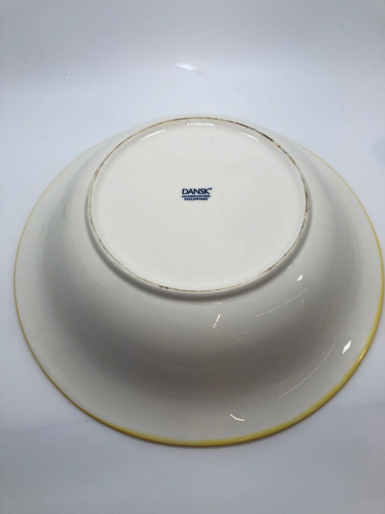 DANSK CHERRIES PAINTED PASTA BOWL W/YELLOW BLUE RIM.