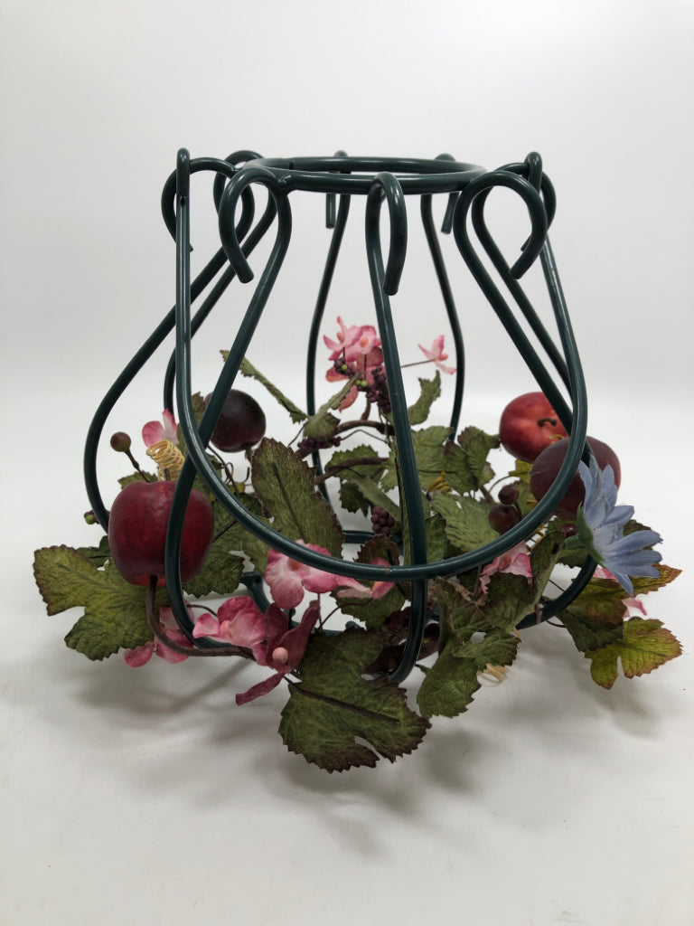 GREEN METAL CANDLE CAGE W/FLORAL APPLE DECOR.