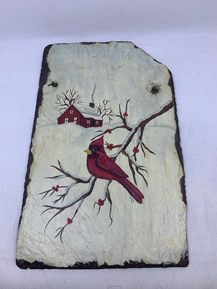 VTG STONE SLATE PAINTED CARDINAL ON BRANCH W/ RED BARN WINTER SCENE.