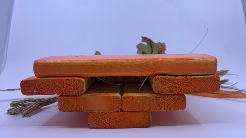 PUMPKIN SHAPED RECLAIMED WOOD W/LEAVES AND TWINE .