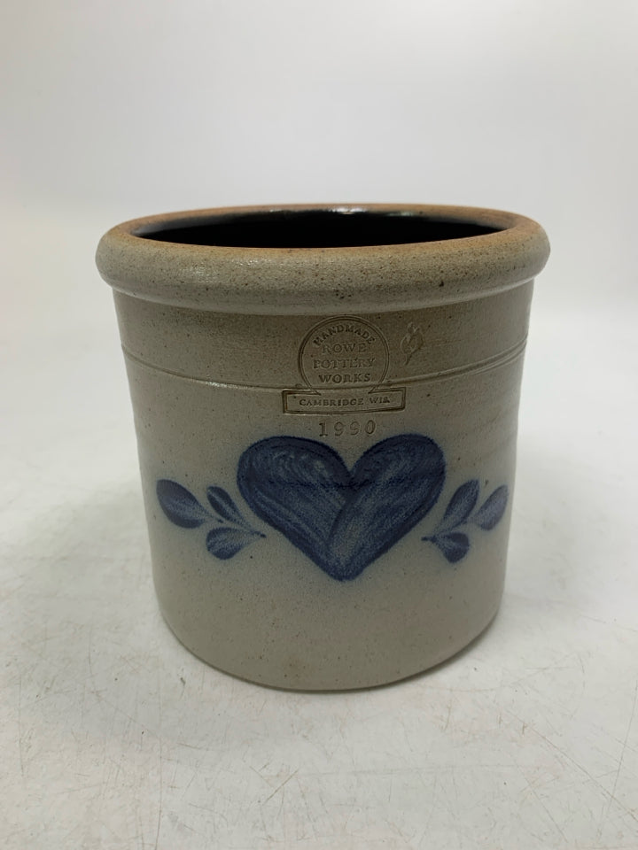 VTG 1990 SALT GLAZE HEART DESIGN CROCK.