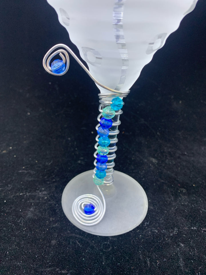 2 FROSTED GLASS W/BLUE BEADS MARTINI GLASSES.