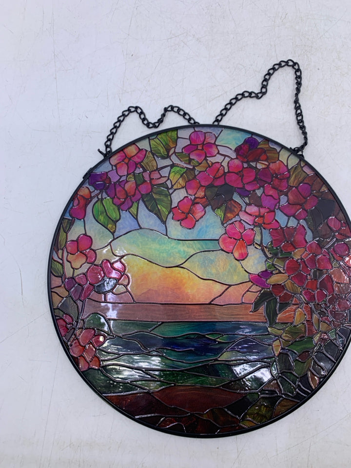 TEXTURED GLASS LANDSCAPE W/ PINK FLOWER BLOSSOMS WALL HANGING.