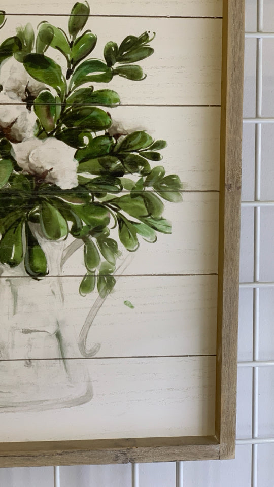 GREENS IN WHITE WASHED WOOD FRAME WALL ART.