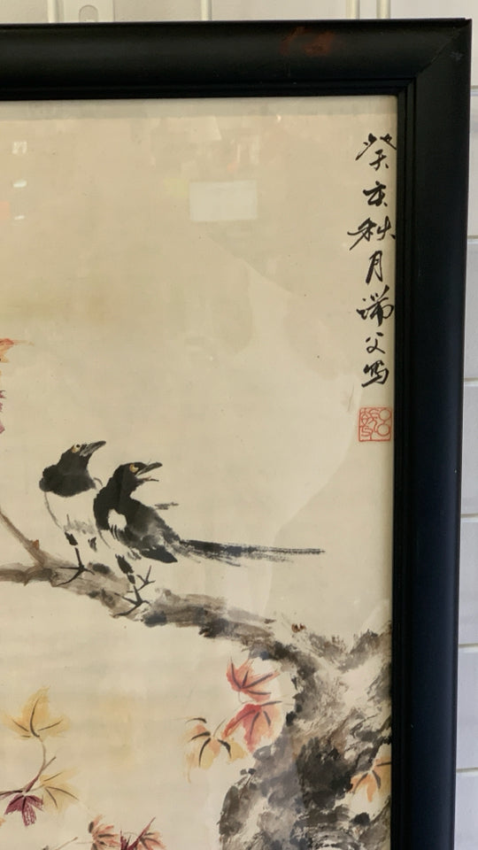 WATERCOLOR BIRDS ON LEAF BRANCH IN BLACK FRAME.