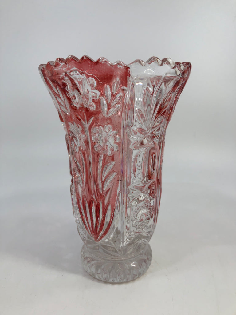 FLORAL RUBY FLASH VASE W/SAWTOOTH EDGE.