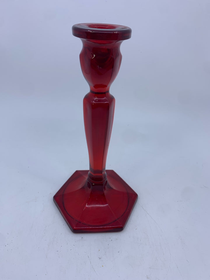VTG RED GLASS TAPER CANDLE HOLDER.