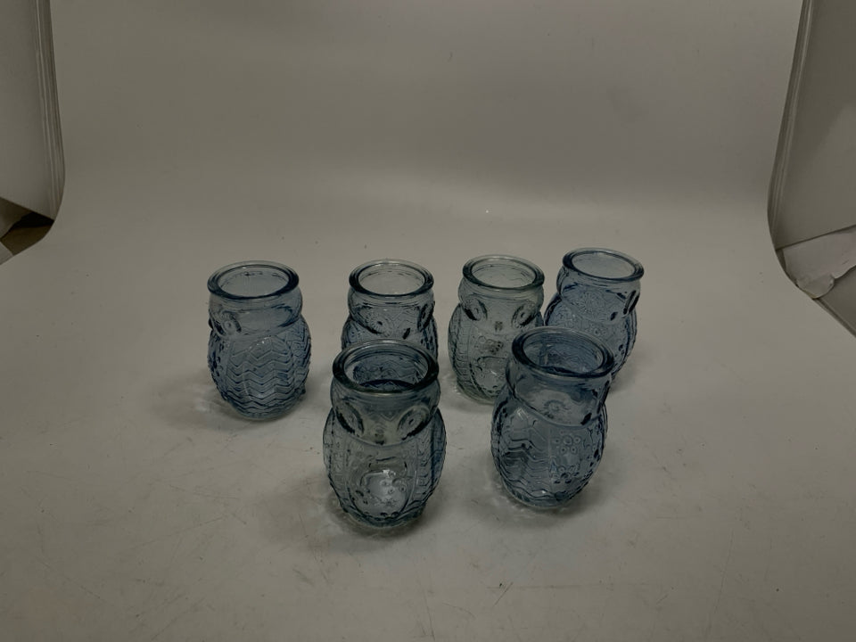 6 BLUE EMBOSSED OWL SHOT GLASSES.