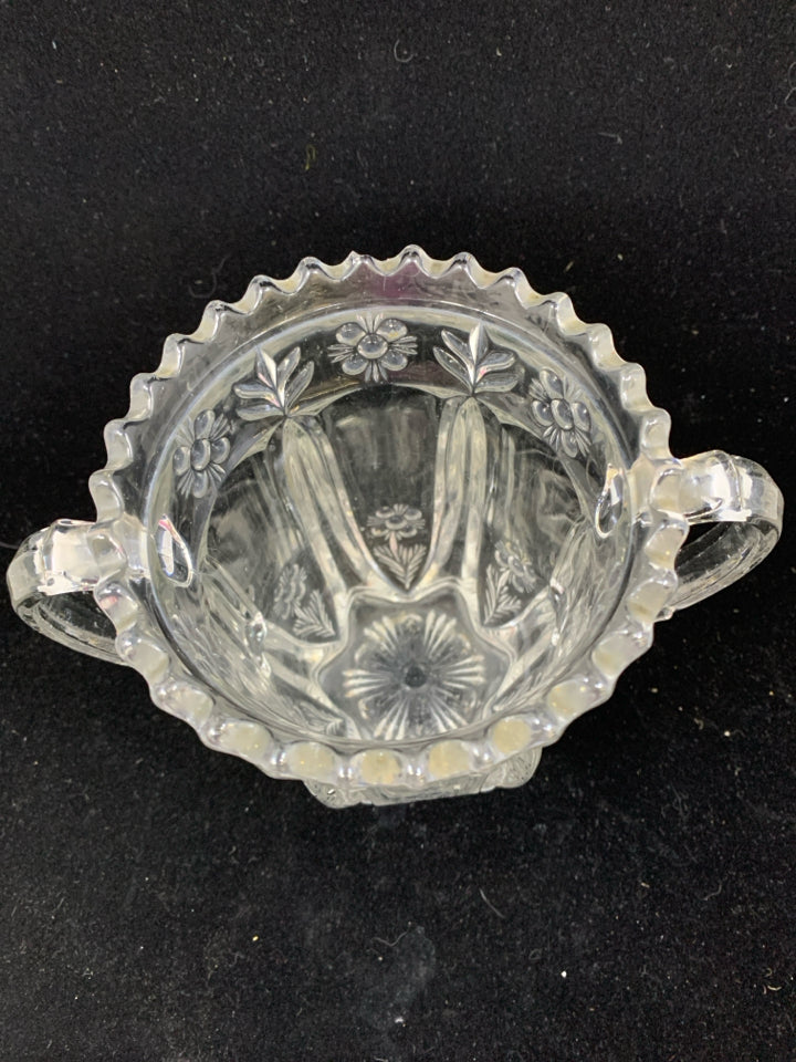 CUT GLASS VASE W/HANDLES ETCHED FLOWERS.