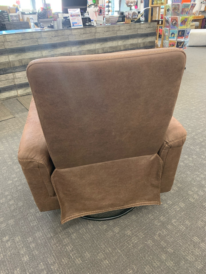 BROWN FAUX SUEDE SWIVEL RECLINER.
