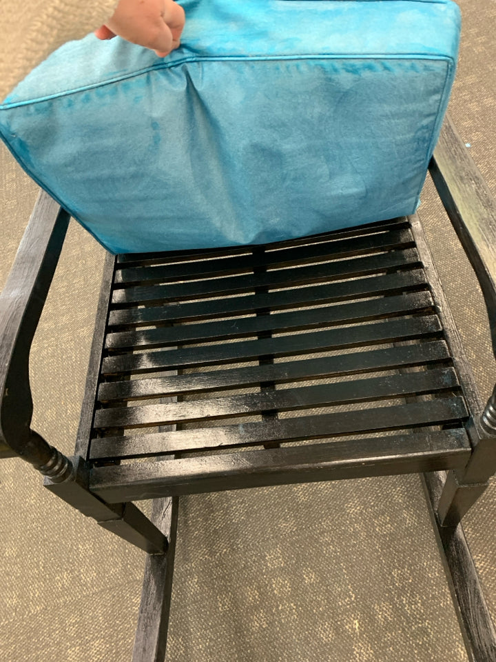 BLACK ROCKING CHAIR W TEAL CUSHION.