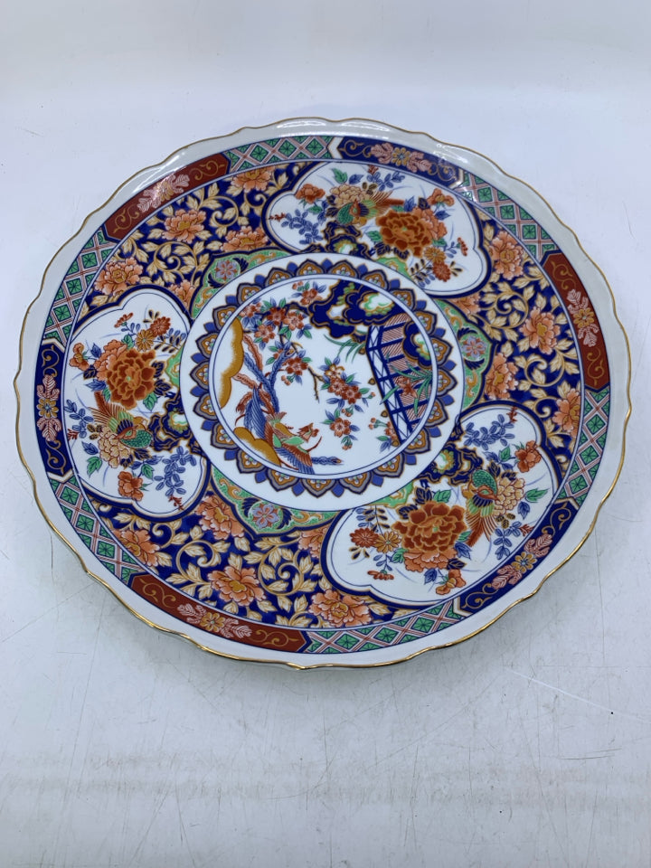 HEAVY FOOTED COLORFUL ASIAN STYLE SHALLOW BOWL W/ GOLD EDGE.