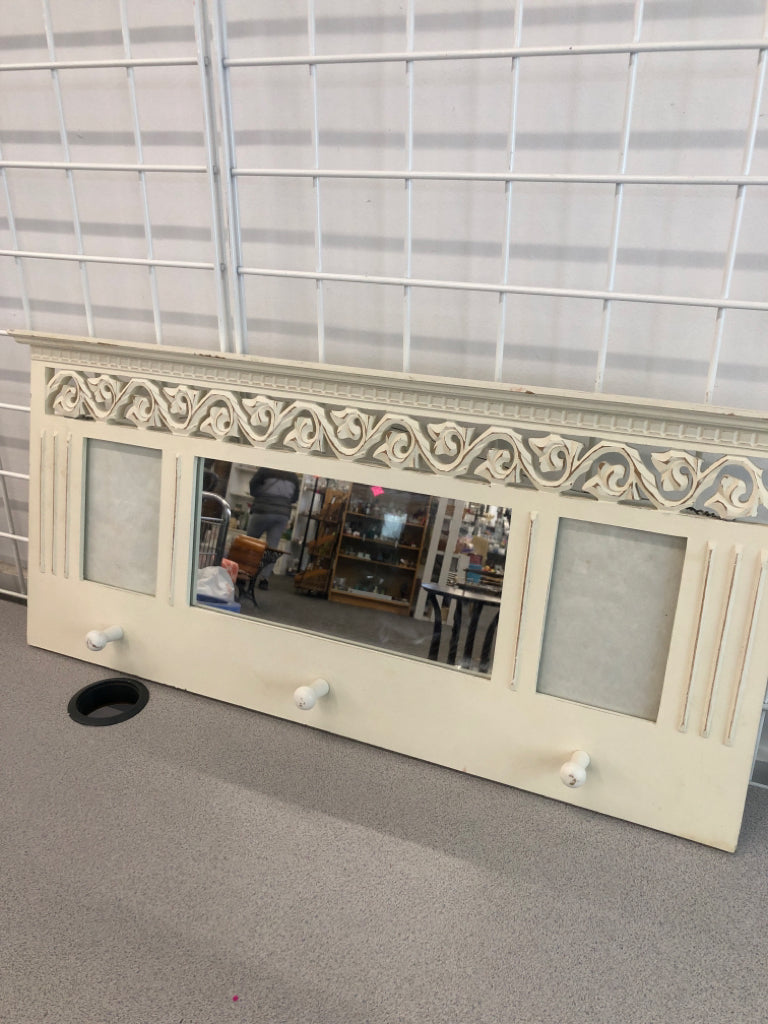 DISTRESSED WHITE HOOKS W/MIRROR & FRAMES.