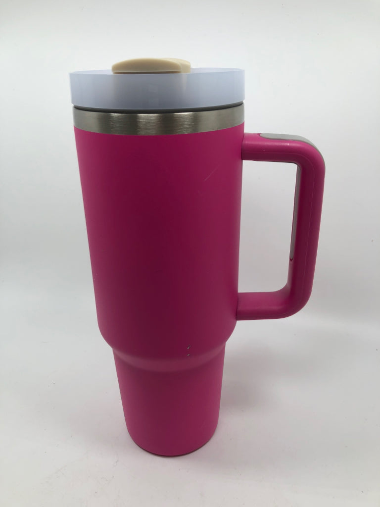 LARGE HOT PINK CUP W/FLORAL ART DECAL.