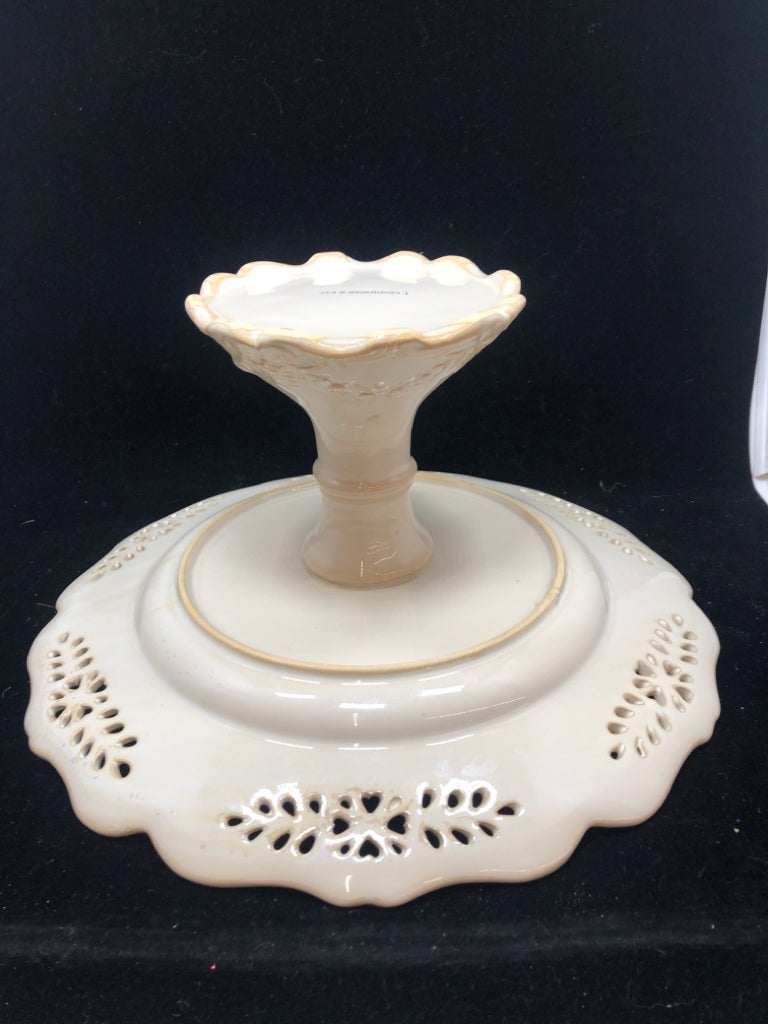 WHITE GLAZED CAKE STAND.