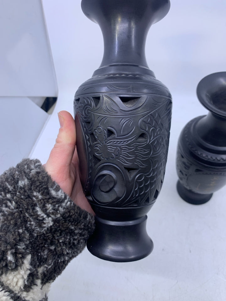 2 BLACK CHINESE CLAY PIERCED VASE W/ GOLD SCRIPT.