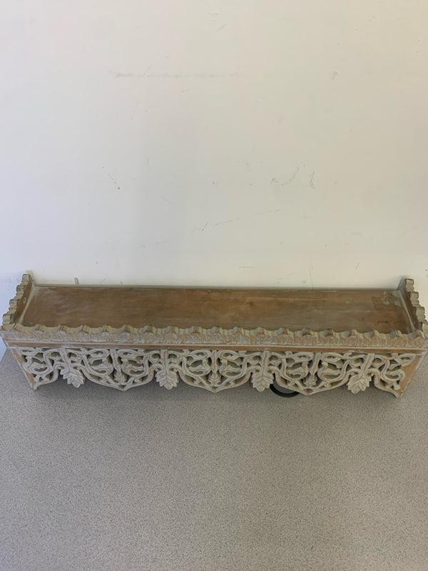 DISTRESSED GRAY WALL SHELF SCROLL DESIGN POINTED EDGES.