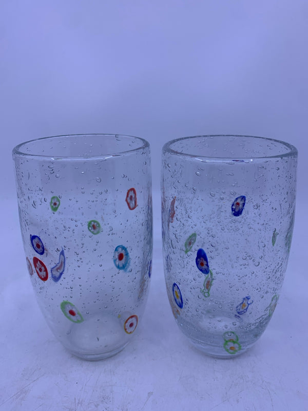 2 BUBBLE GLASS WITH COLORFUL FLOWERS.