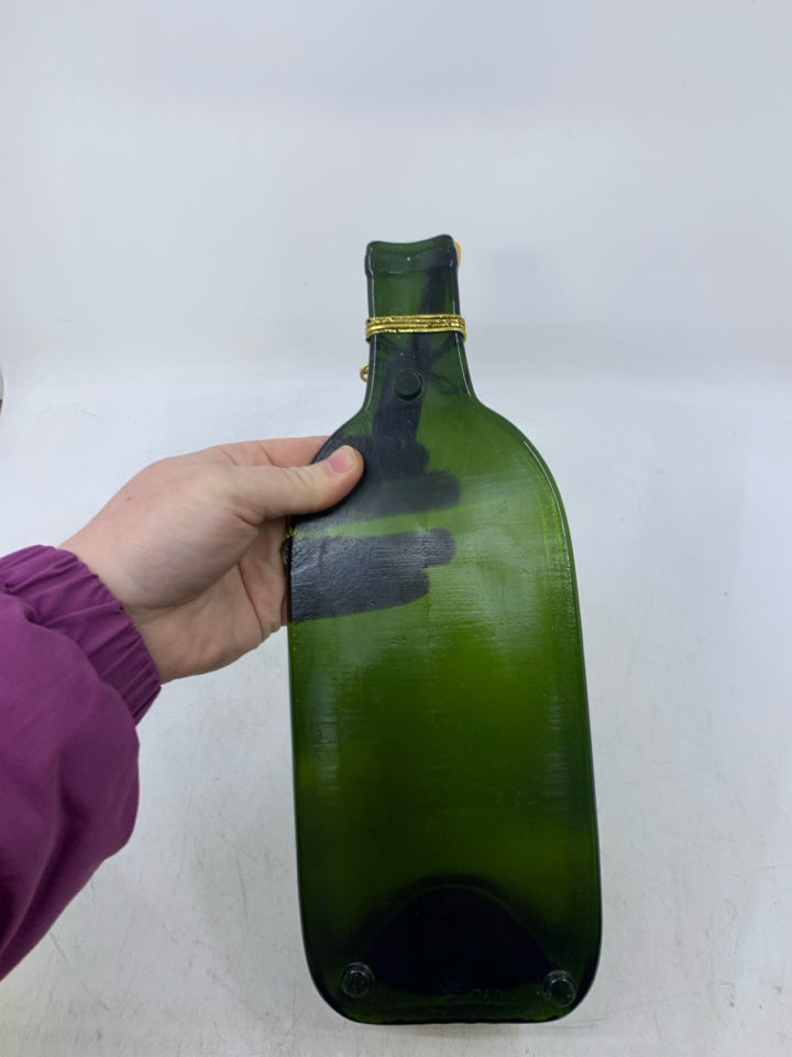 FLAT GREEN WINE BOTTLE W/ CHEESE SPREADER.