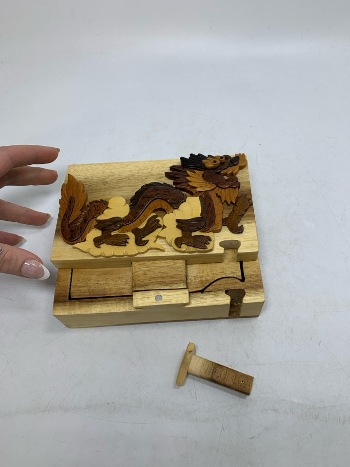 CARVER DAN'S PUZZLE TRINKET BOX HAND CARVED DRAGON.