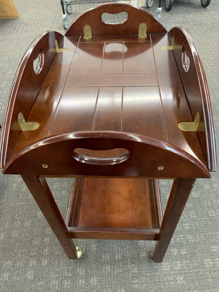 2PC DRK WOOD BUTLER SERVICE ROLLING CAR W/FLIP-UP SIDES.