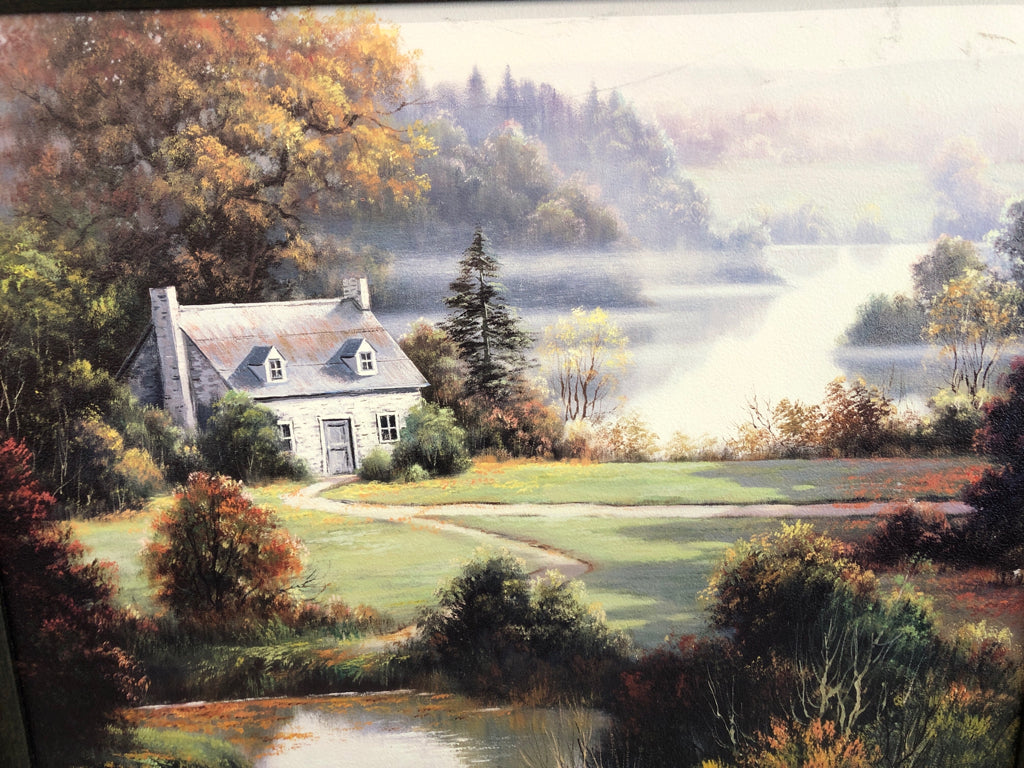 COTTAGE BY THE LAKE IN DRK BROWN FRAME.
