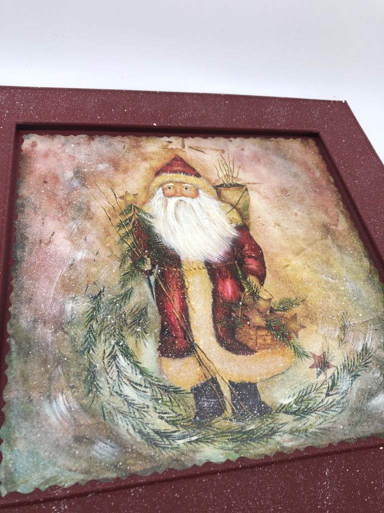 PAINTED SANTA ON METAL FRAME WALL HANGING.