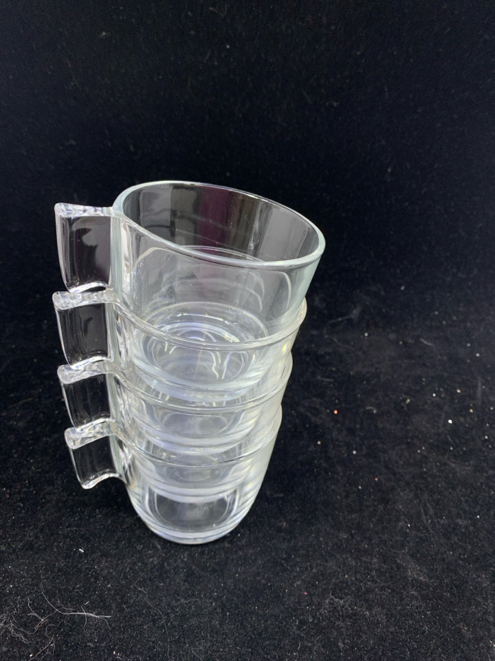 4 CLEAR GLASS MUGS.