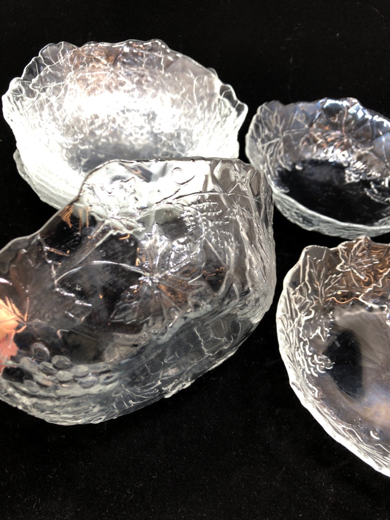 8PC GRAPE & LEAF EMBOSSED GLASS BOWLS.