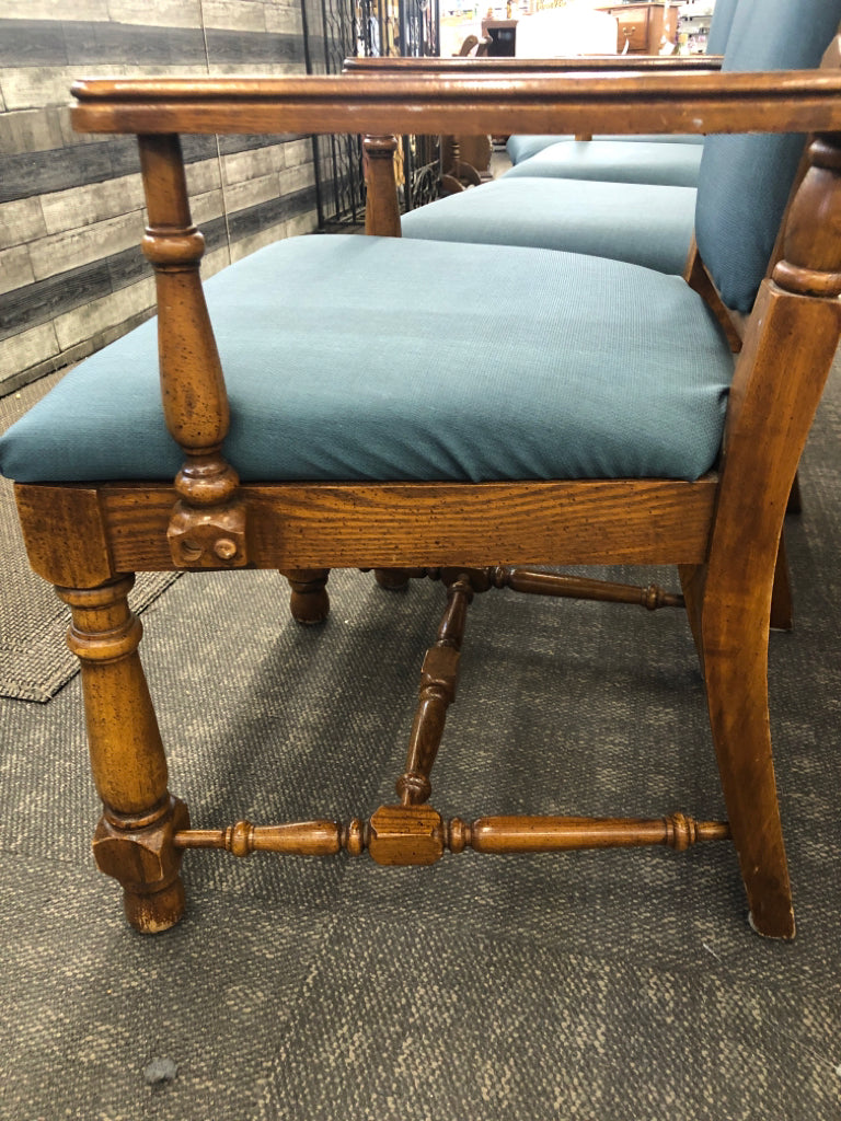 4 DARK WOOD-BLUE UPHOLSTERED DEPRESSION ERA DINING CHAIRS 2 WITH ARM, 2 WITHOUT.