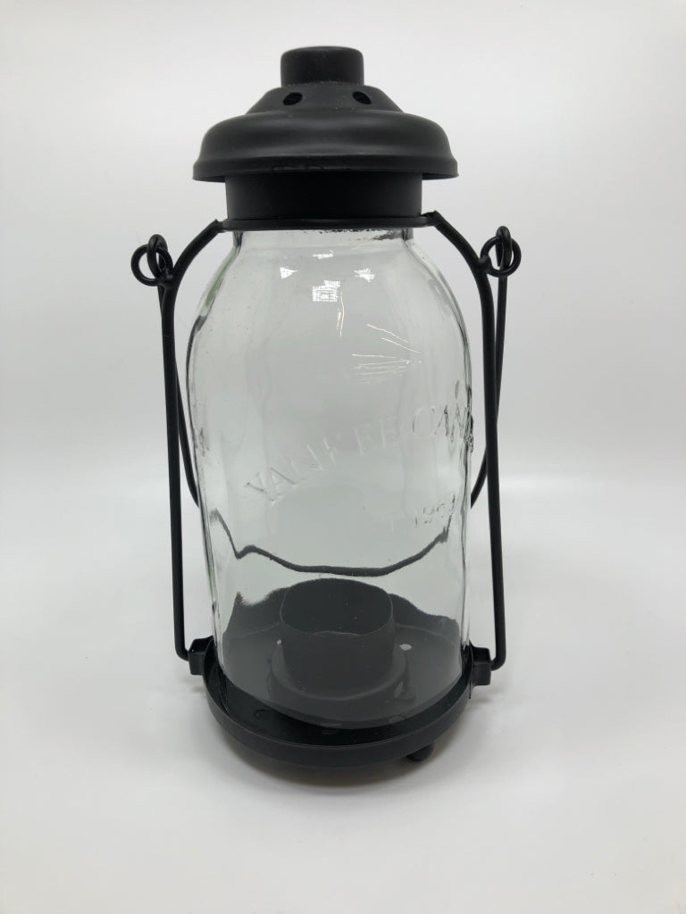 YANKEE CANDLE BLACK METAL AND GLASS VOTIVE LANTERN.