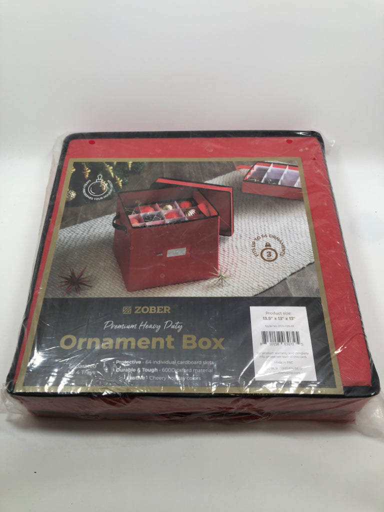 RED FABRIC ORNAMENT STORAGE BOX.