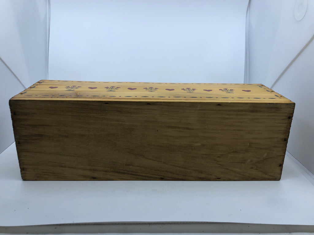 BLONDE WOOD RECTANGLE STOARGE W/ PAINTED RED TULIPS+HEARTS.