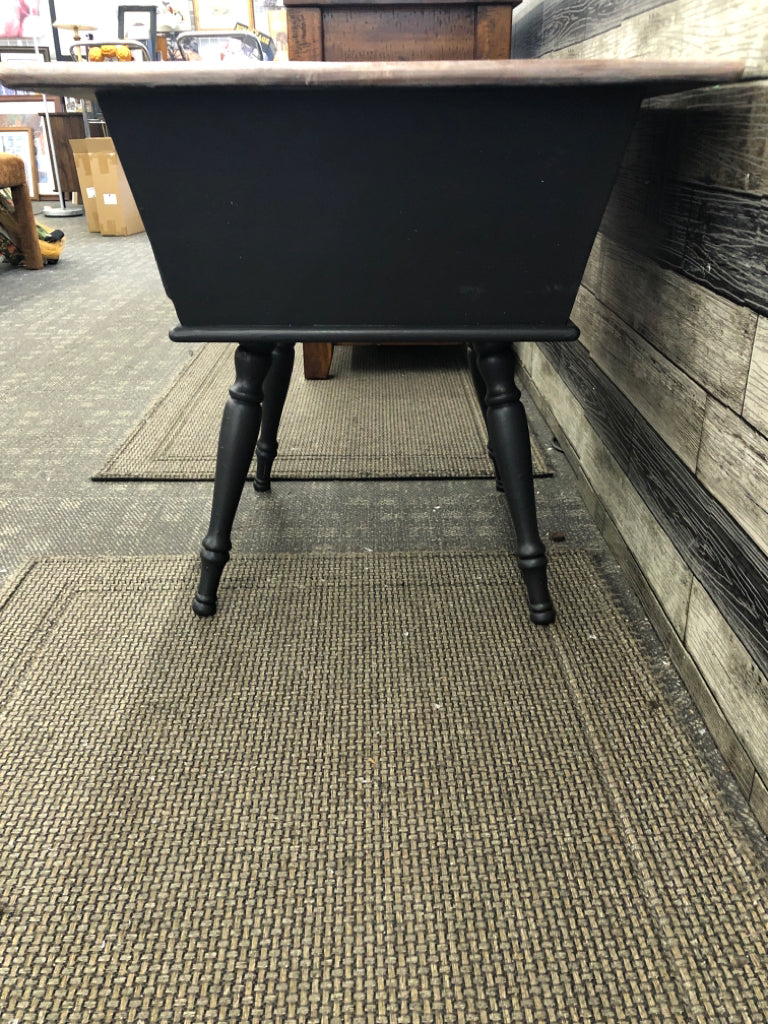 SQUARE WHITE WASHED SIDE TABLE W/BLACK BOTTOM, TWO DRAWERS.