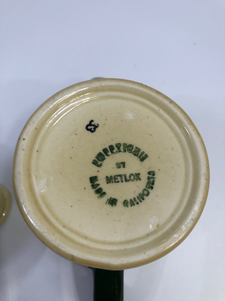 VTG farm AND MILK LADY SUGAR CREAMER SET TAN W/GREEN HANDLES.