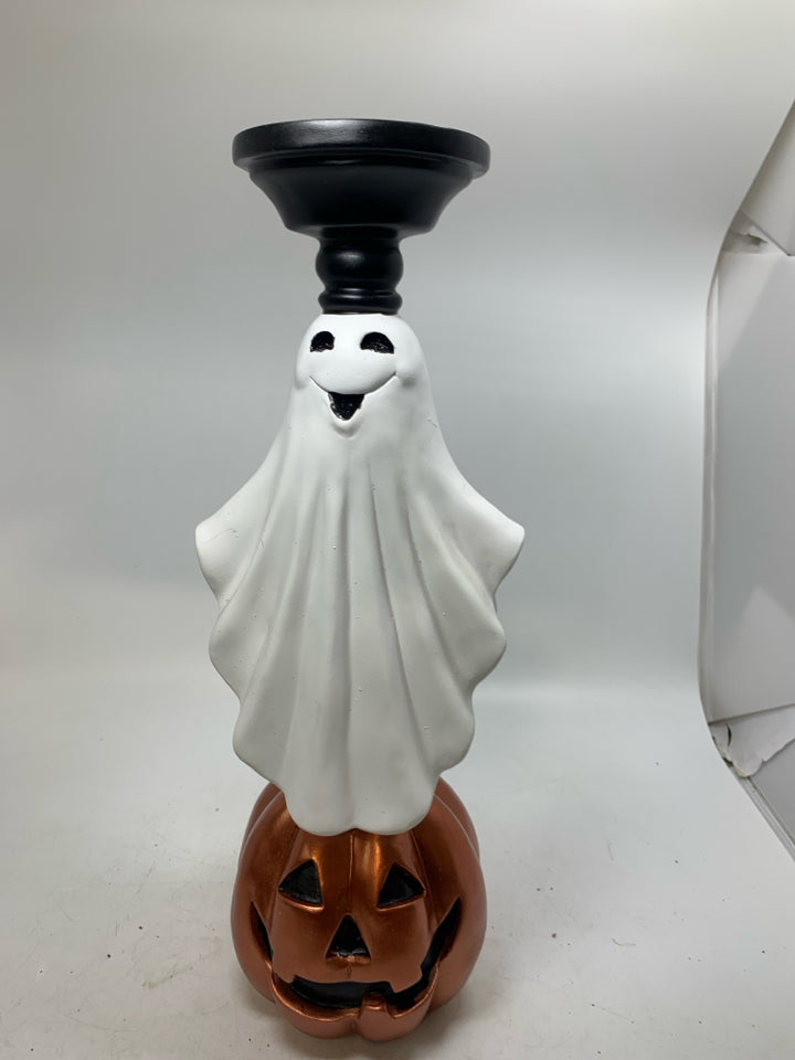 JACKO LANTERN GHOST STACKED TALL PILLAR CANDLE HOLDER.