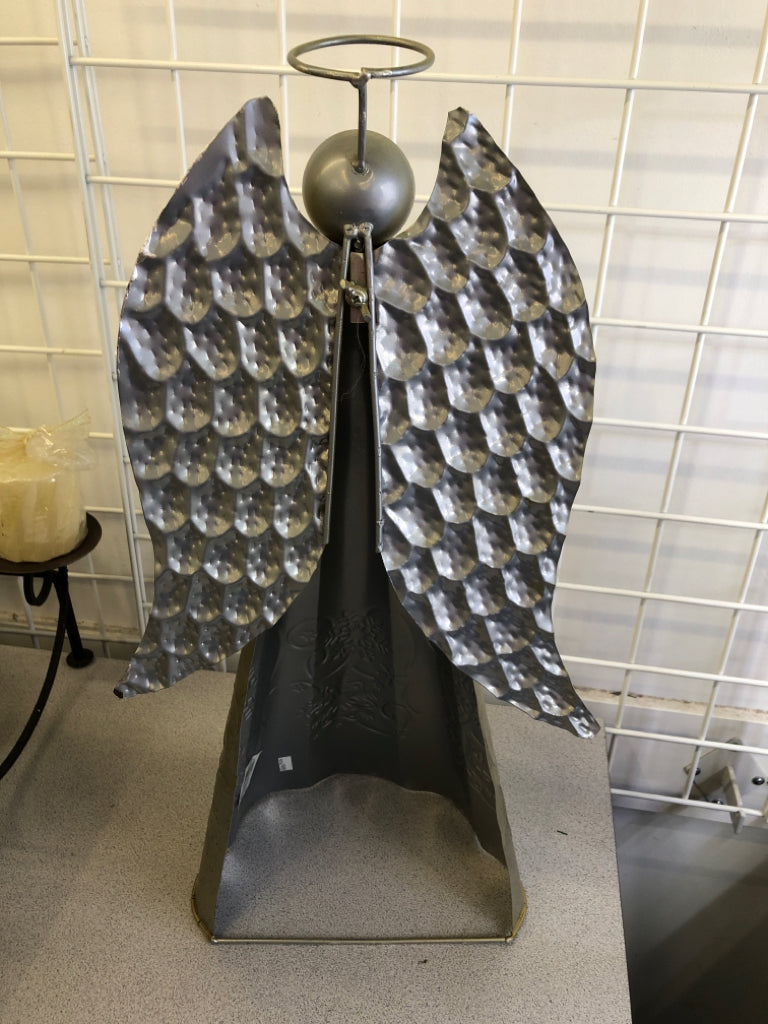GALVANIZED STANDING ANGEL W/ EMBOSSED SNOWFLAKES.