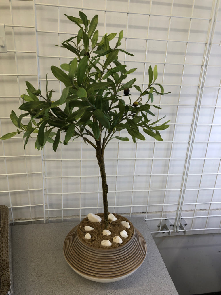 FAUX OLIVE TREE IN RIBBED CERAMIC PLANTER.