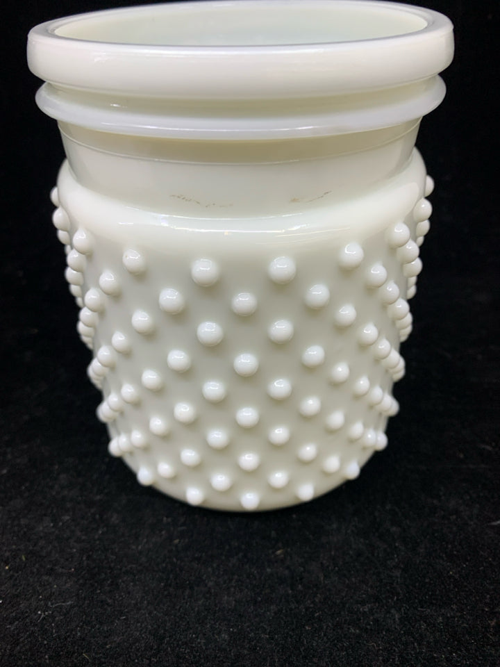 MILK GLASS HOBBNAILED MASON JAR STYLE VASE.