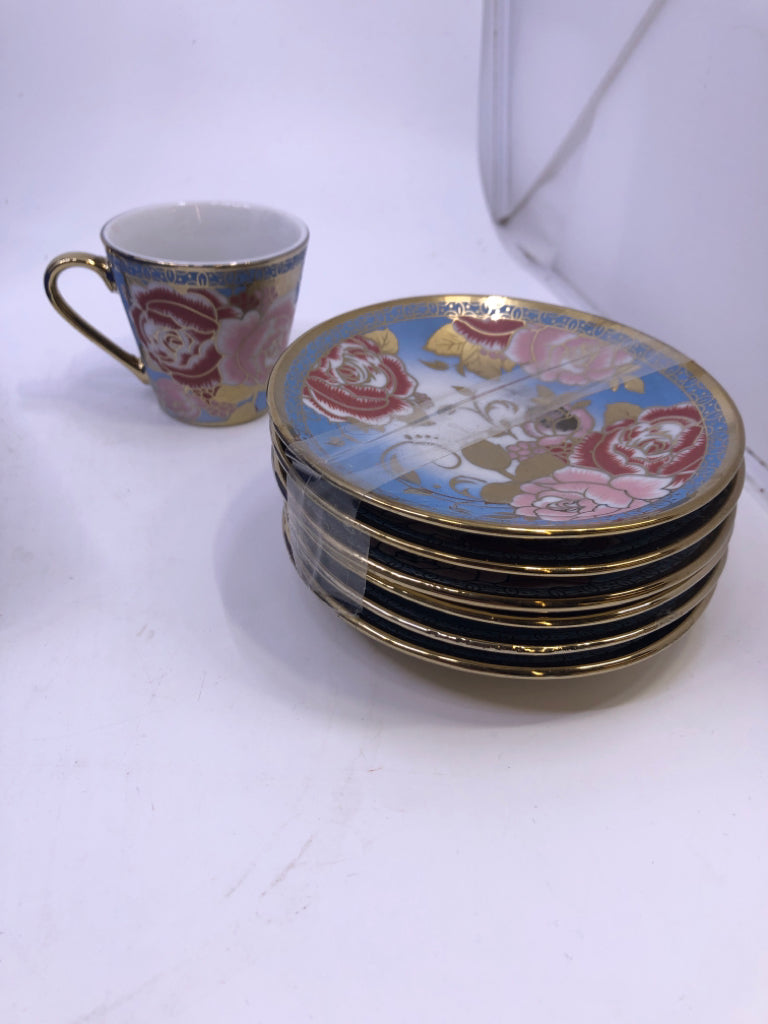 NIB 6 FLORAL CUP AND SAUCER SET.