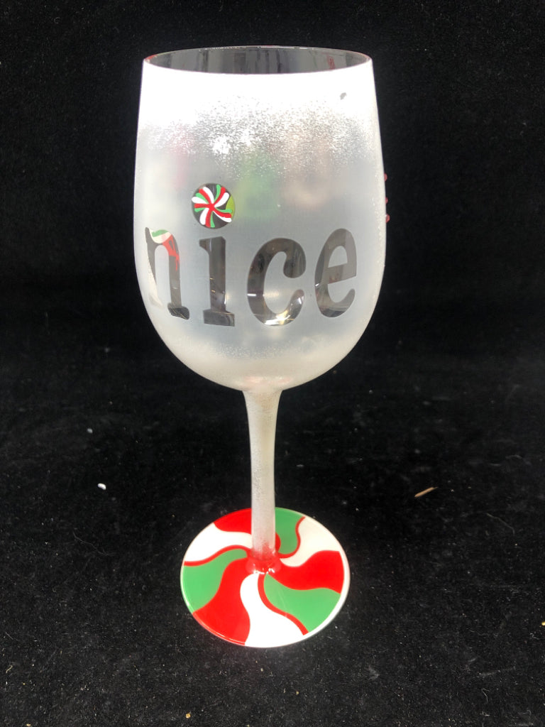 NIP LOLITA "NAUGHTY AND NICE" HAND PAINTED WINE GLASS.